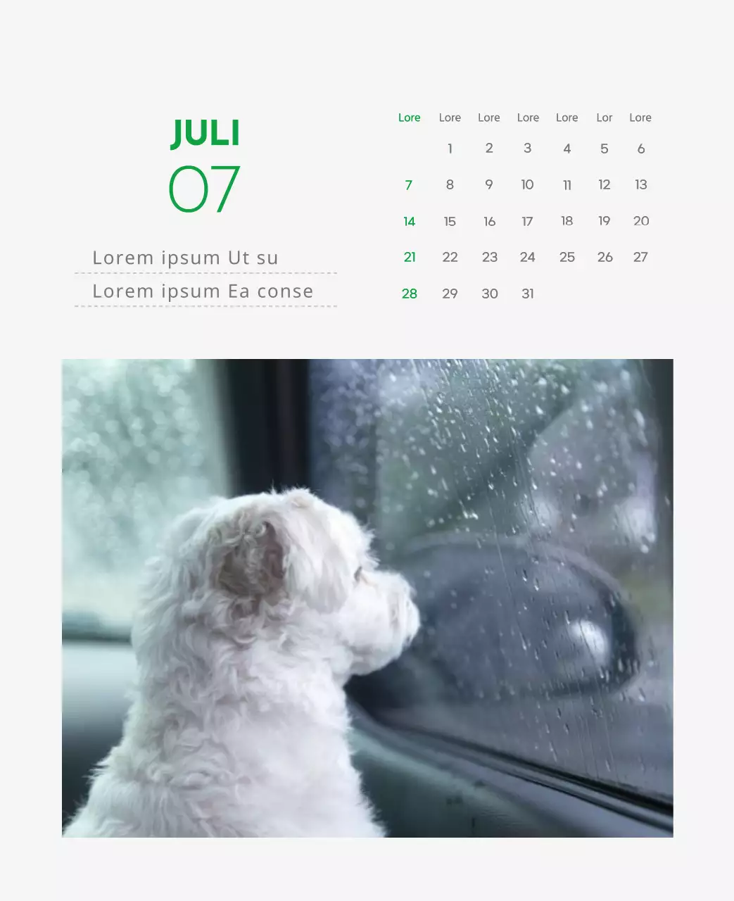 Een kalender met een afbeelding van een puppy en een schattige boodschap in groene accenten
