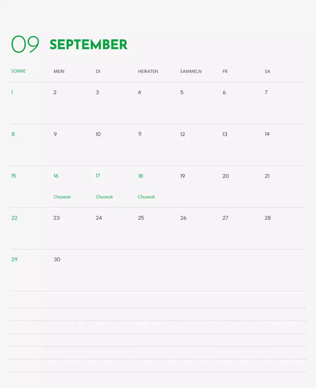Ein Kalender mit einem Bild eines Welpen und einer niedlichen Botschaft in grünen Akzenten