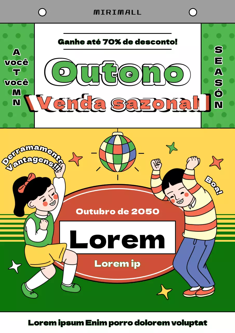 Anúncio retro de calendário de saldos de outono em amarelo e chartreuse