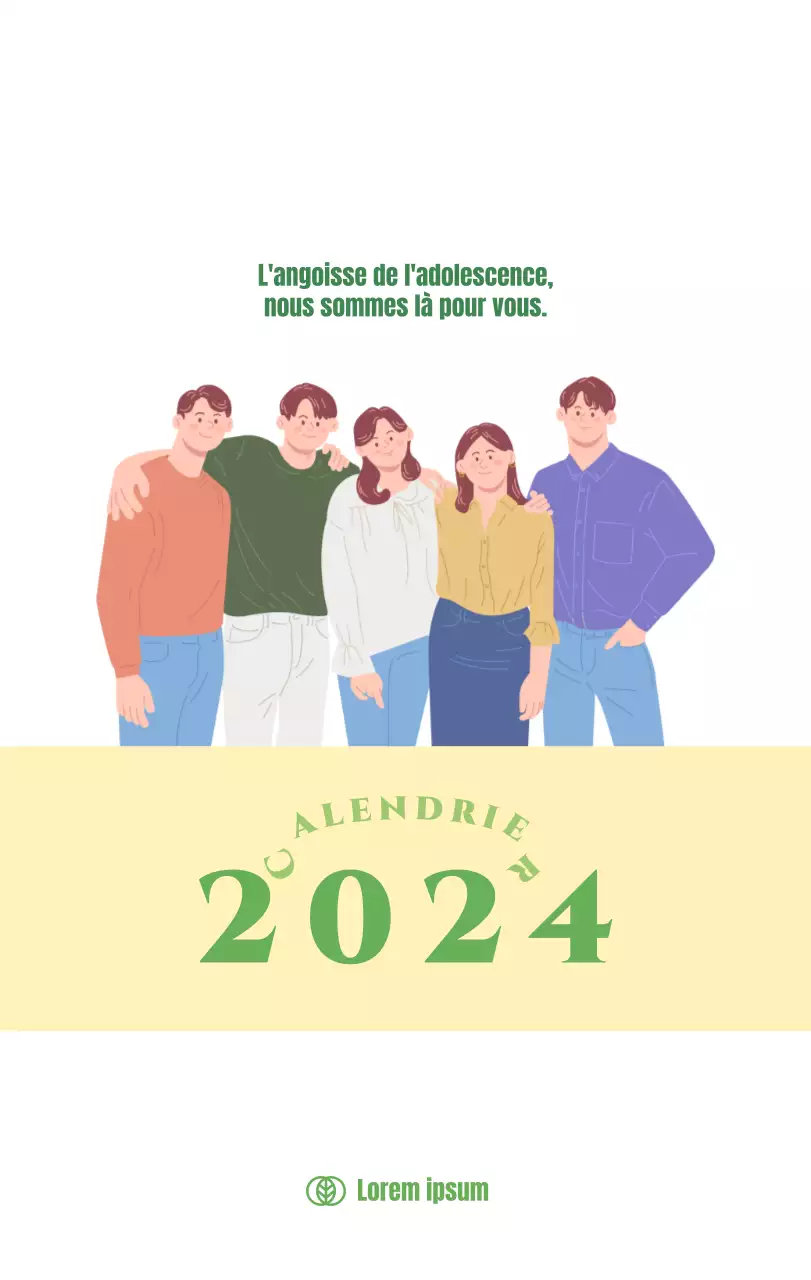 Calendrier avec illustrations de jeunes sur fond jaune et vert