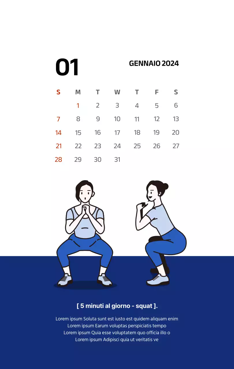 Calendario semplice con illustrazioni pulite in blu