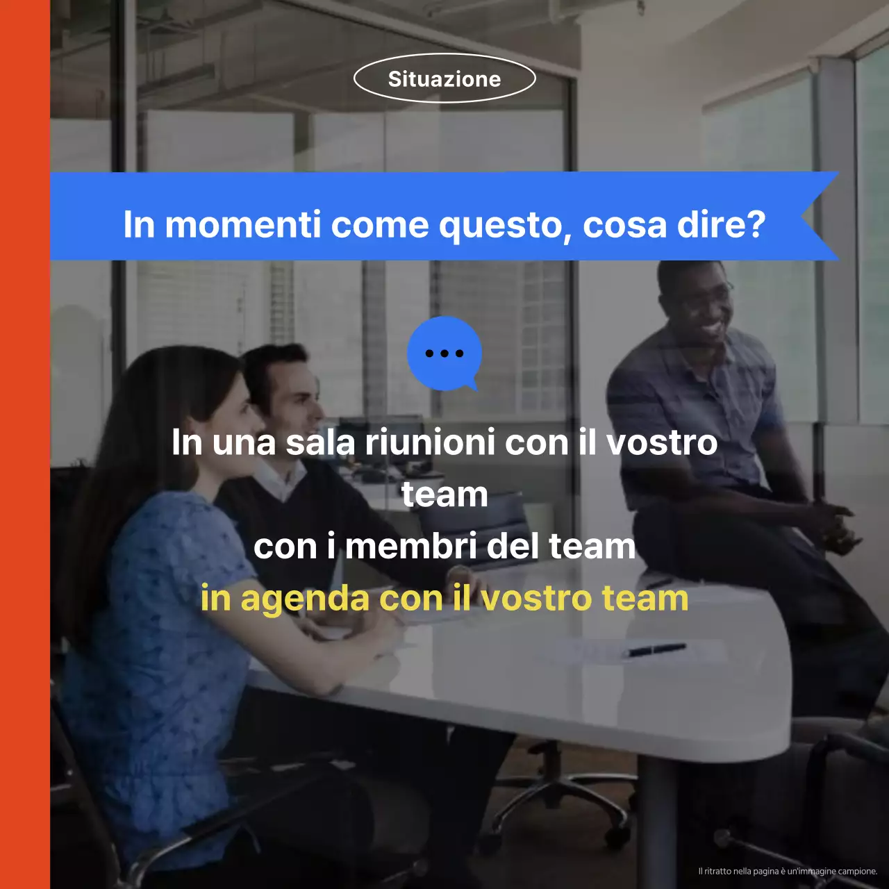 Una pubblicità arancione e blu per una scuola di conversazione rivolta a professionisti moderni.