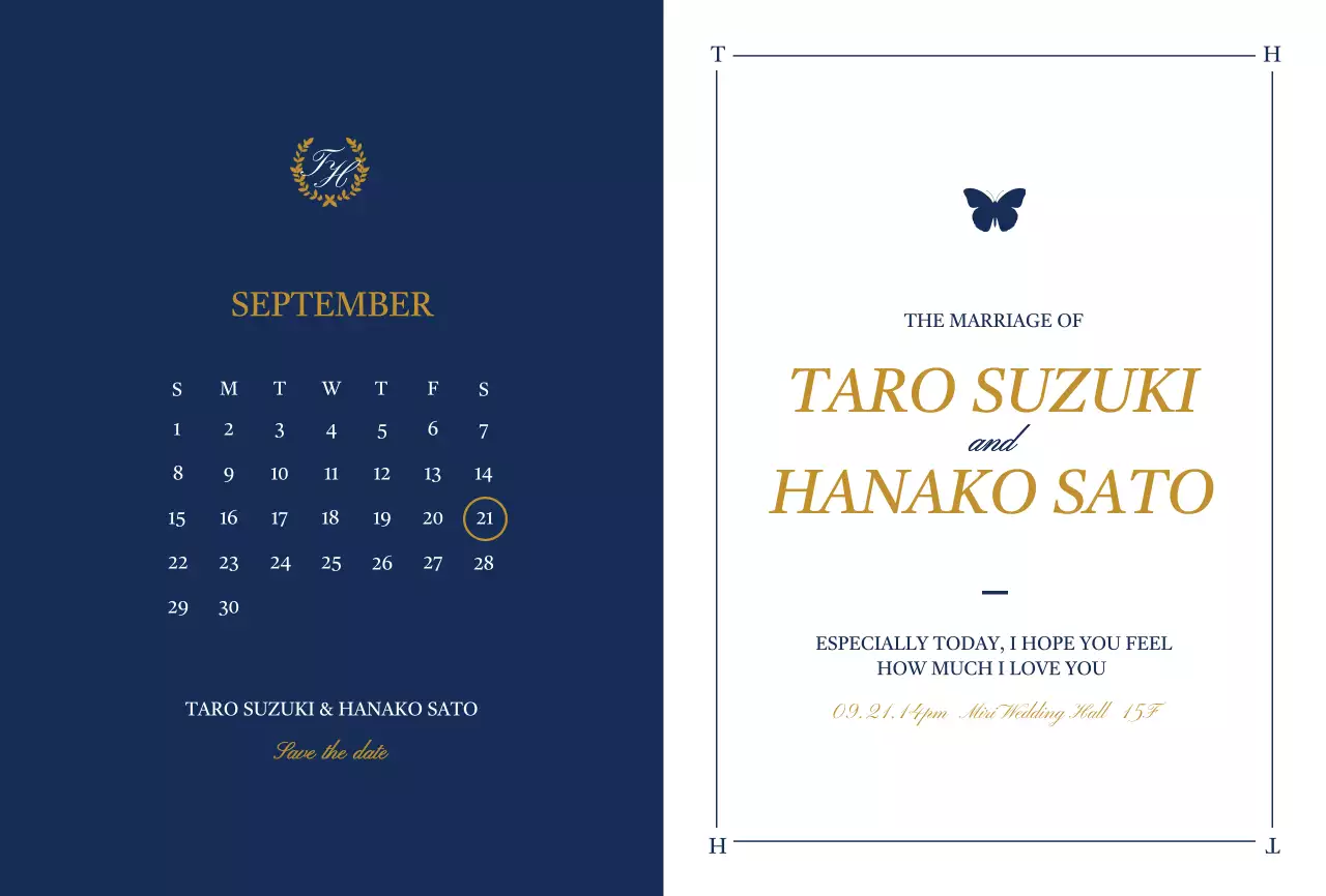 白と藍色の蝶のイラストが描かれた高級感のあるデザインの結婚式の招待状デザイン