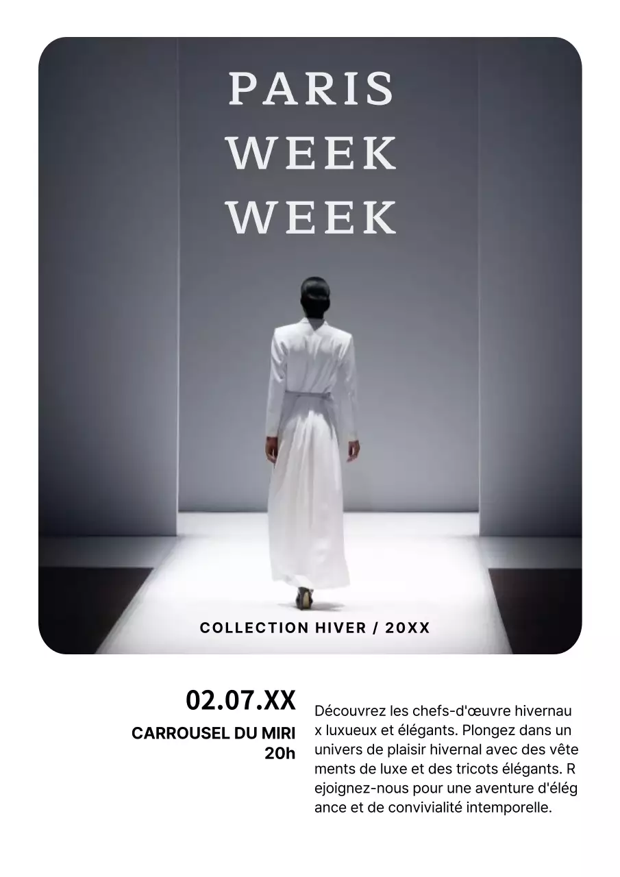 Publicité pour un défilé moderne en blanc et noir