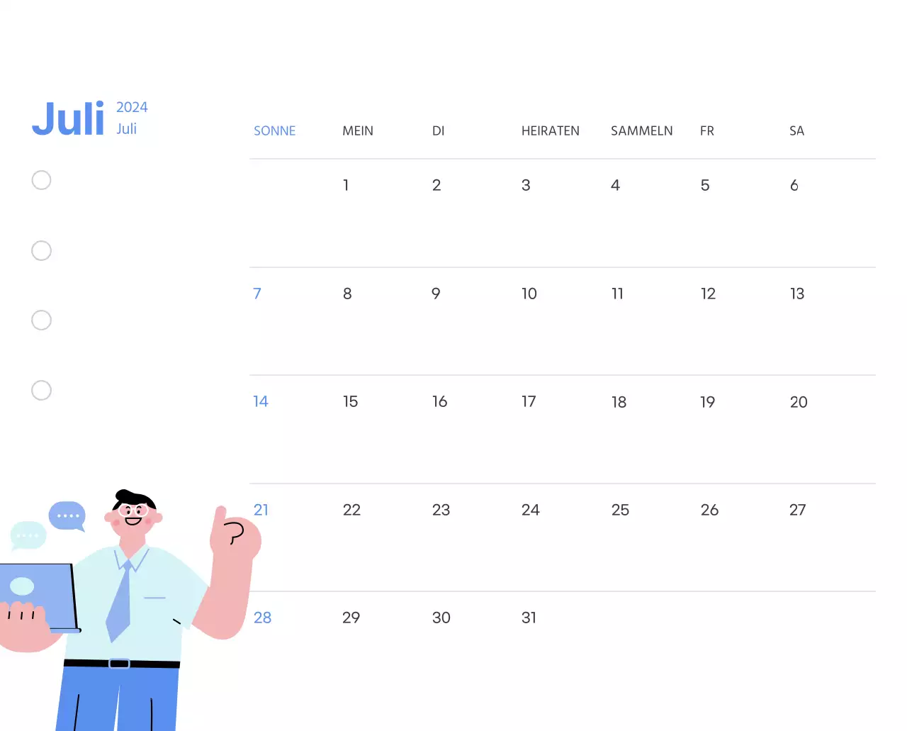 Motivationskalender mit energiegeladenen Illustrationen und positiven Zitaten auf hellblauem Hintergrund