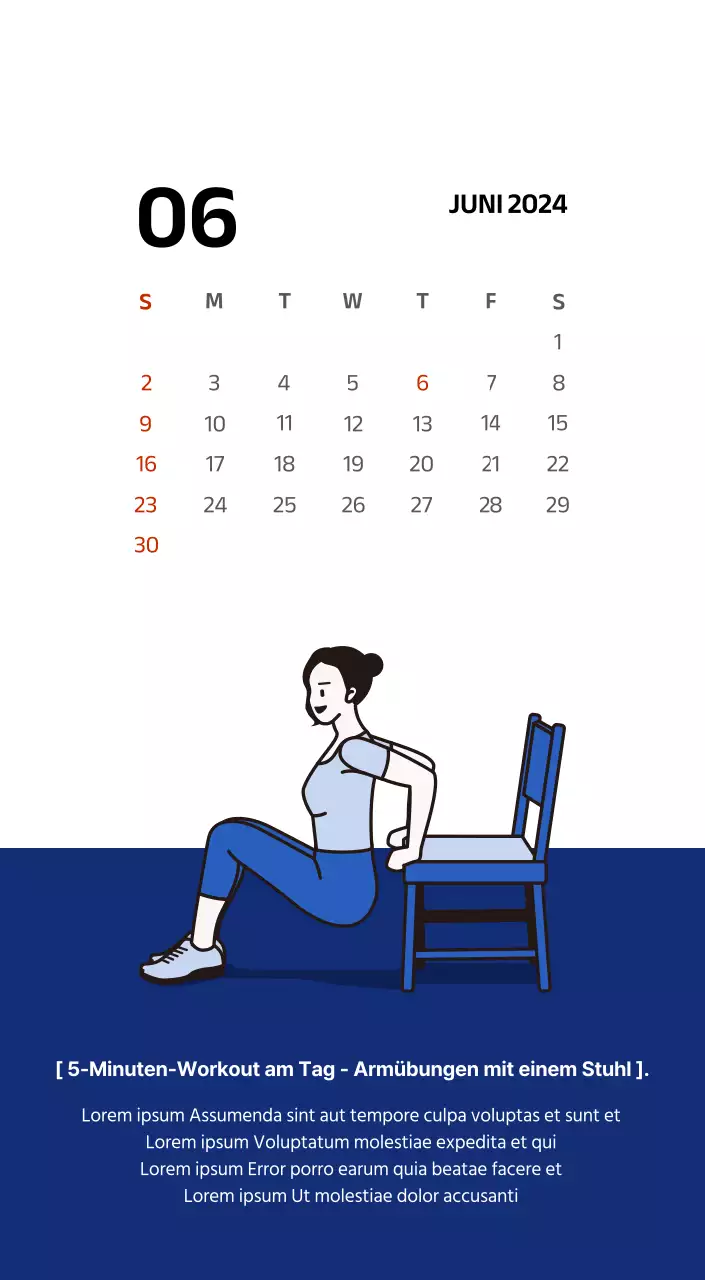 Einfacher Kalender mit klaren Illustrationen in Blau