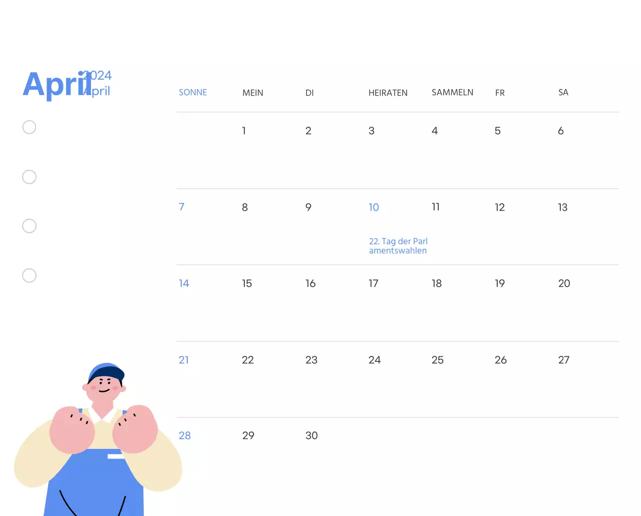 Motivationskalender mit energiegeladenen Illustrationen und positiven Zitaten auf hellblauem Hintergrund