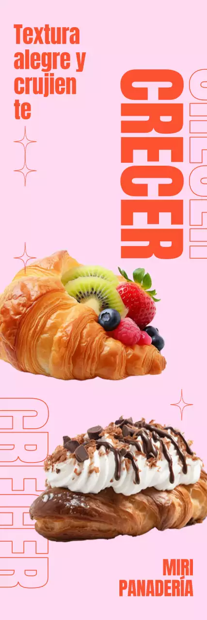 Un menú de cafetería con imágenes fotorrealistas de bollos de croissant, texto en negrita y gráficos geométricos.