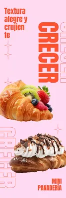 Un menú de cafetería con imágenes fotorrealistas de bollos de croissant, texto en negrita y gráficos geométricos.