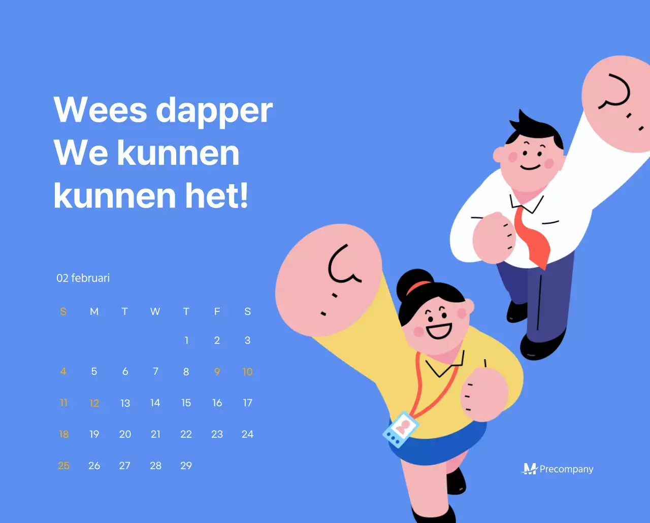 Motiverende kalender met energieke illustraties en positieve citaten op een lichtblauwe achtergrond