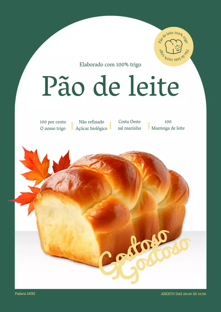 Promoção de uma padaria com pão e folhas caídas sobre um fundo verde e branco
