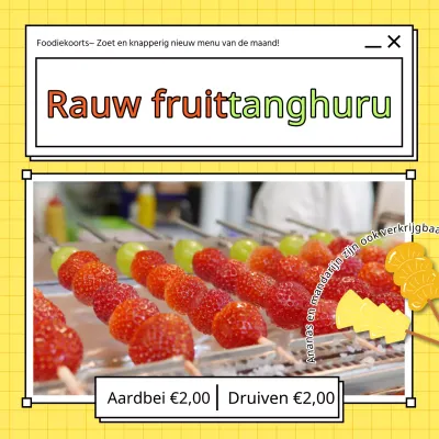 Eenvoudige vers fruit tanghuru advertentie in geel en rood