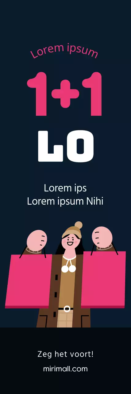 Winterpromotie met de nadruk op buy one get one free met een illustratie van een persoon die een boodschappentas draagt met roze stippen op een zwarte achtergrond.