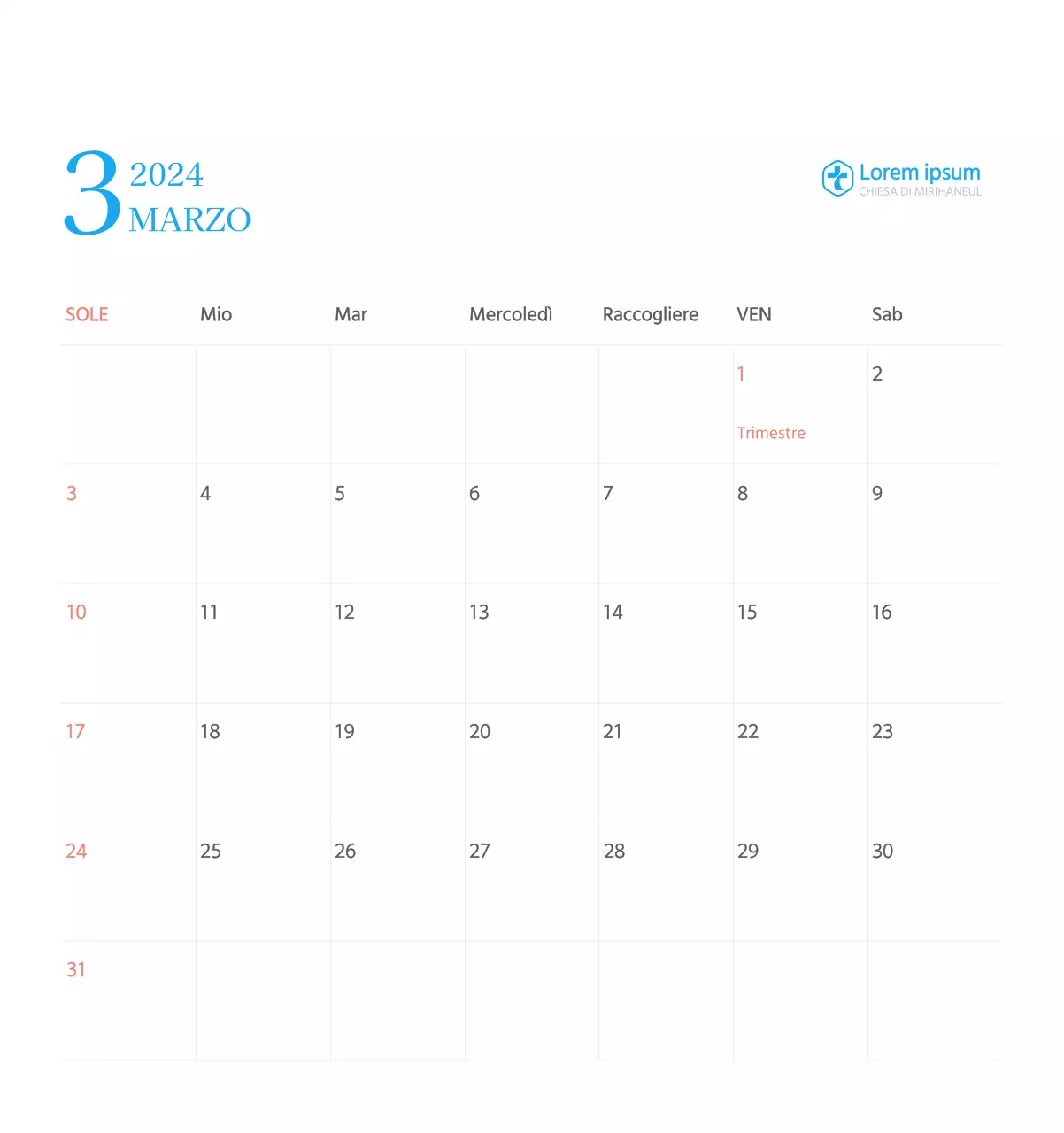 Calendario ecclesiastico blu di concezione moderna