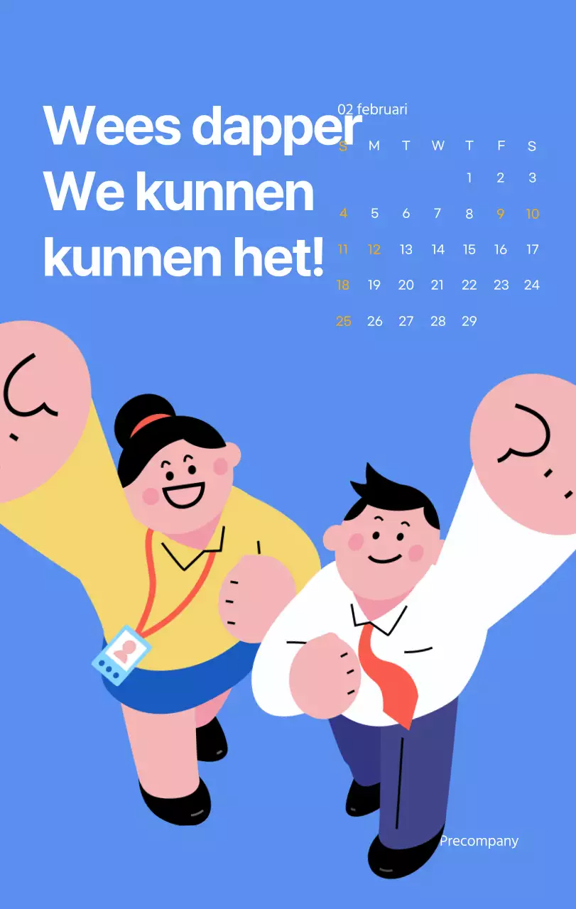 Motiverende kalender met energieke illustraties en positieve citaten op een lichtblauwe achtergrond