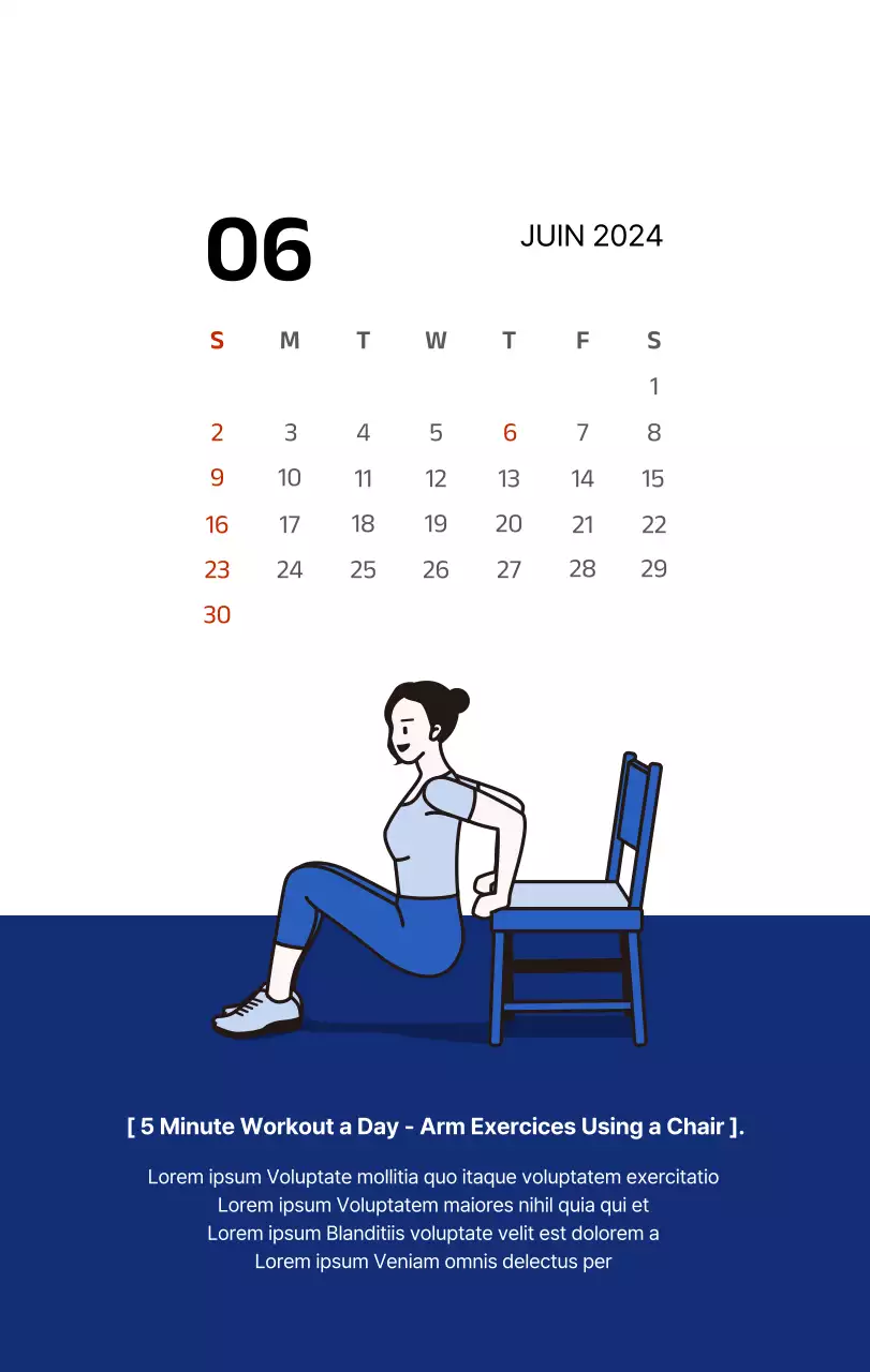 Calendrier simple avec des illustrations épurées en bleu