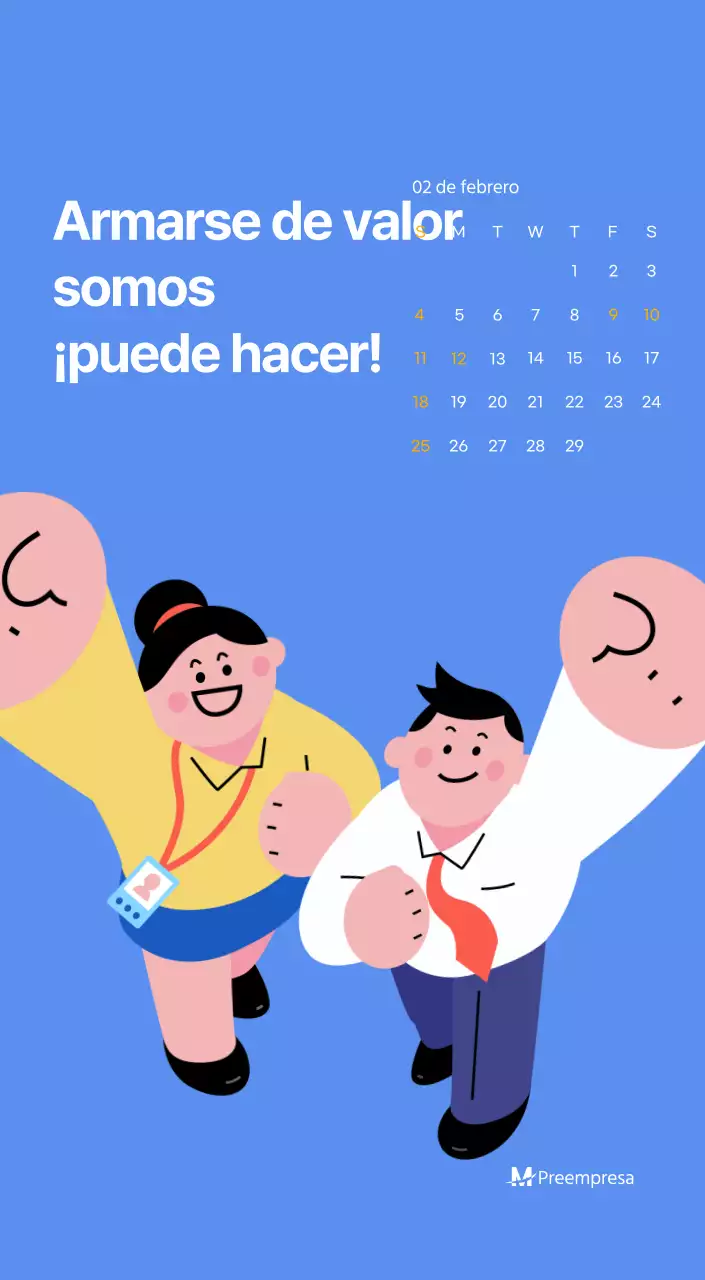 Calendario motivacional con ilustraciones llenas de energía y citas positivas sobre fondo azul claro