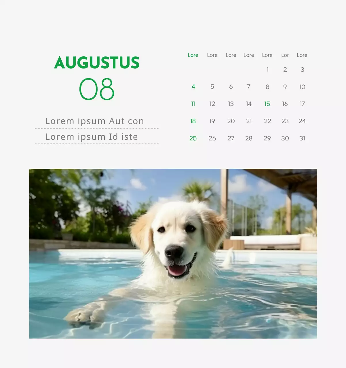 Een kalender met een afbeelding van een puppy en een schattige boodschap in groene accenten