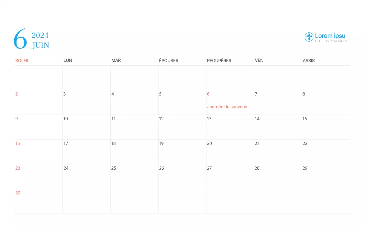 Calendrier d'église moderne bleu