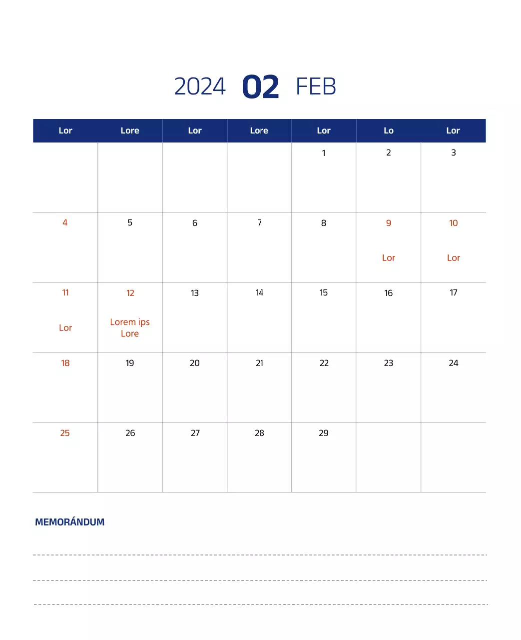 Calendario sencillo con ilustraciones limpias en azul