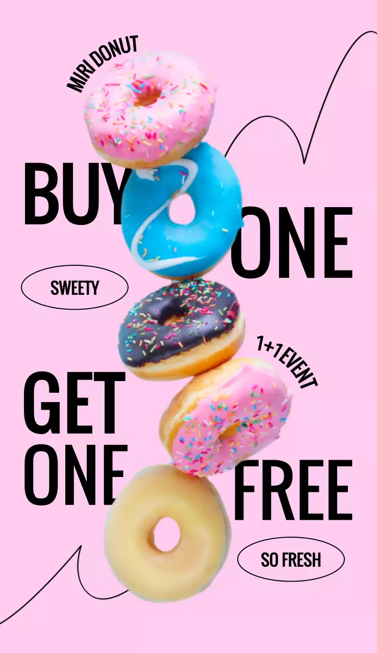 과감한 폰트 및 도넛 이미지 레이아웃과 리듬감이 느껴지는 그래픽 요소로 포인트를 준 도넛 디저트 카페 메뉴