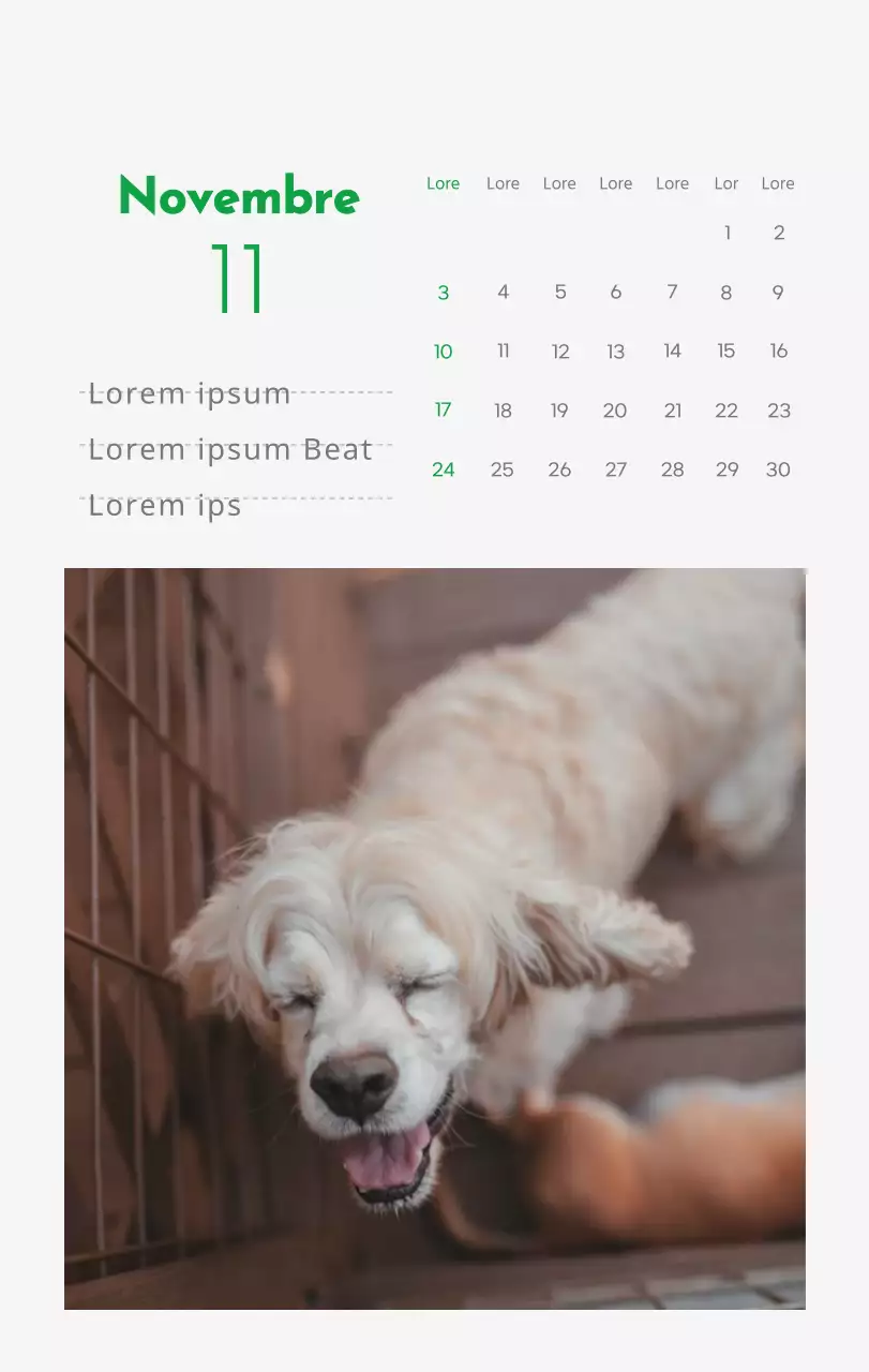 Un calendario con l'immagine di un cucciolo e un simpatico messaggio in verde.