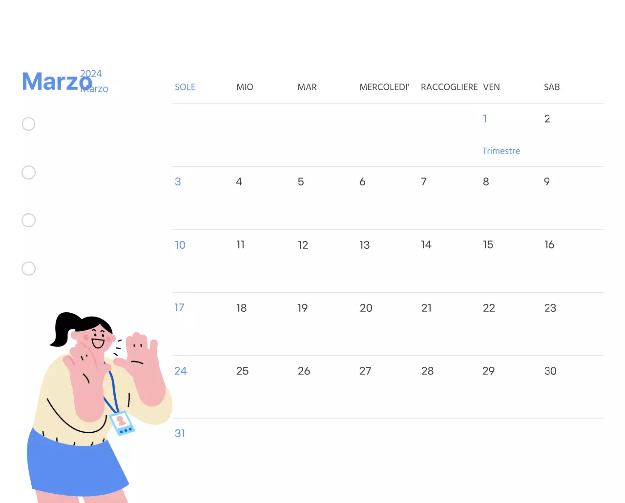 Calendario motivazionale con illustrazioni energetiche e citazioni positive su sfondo azzurro