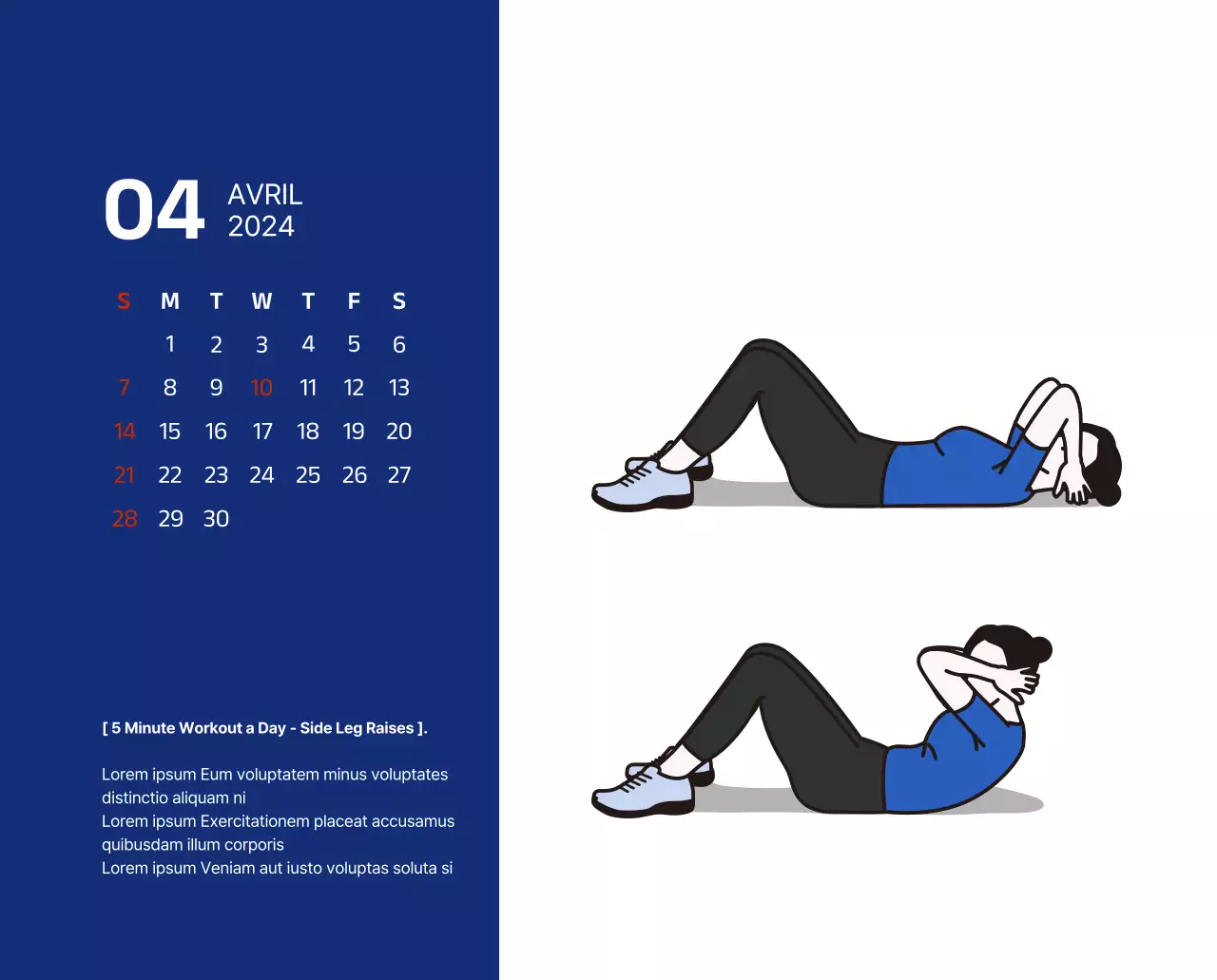 Calendrier simple avec des illustrations épurées en bleu