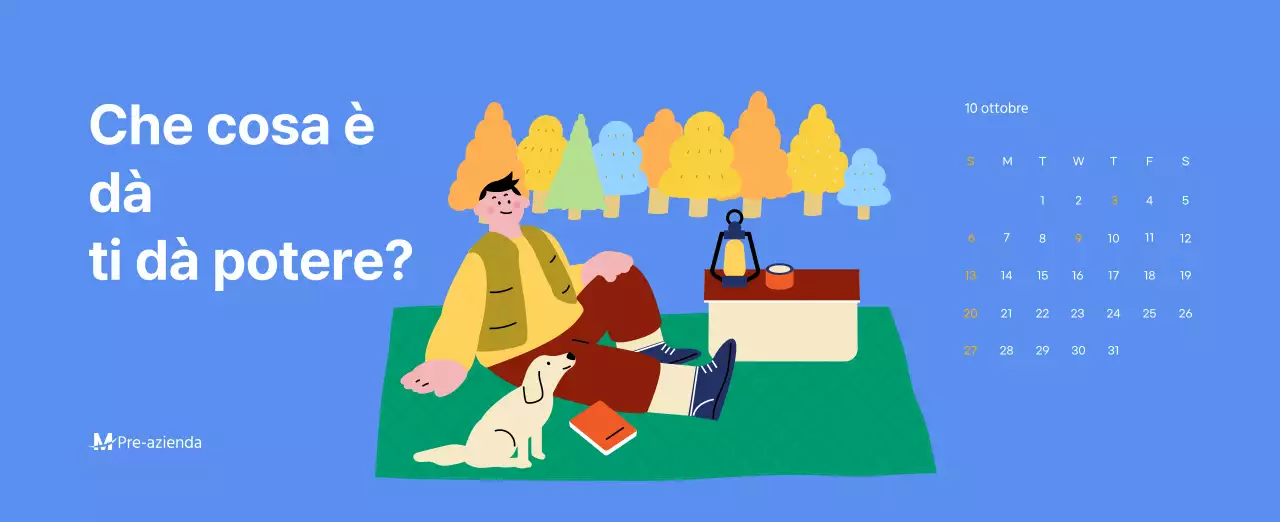 Calendario motivazionale con illustrazioni energetiche e citazioni positive su sfondo azzurro