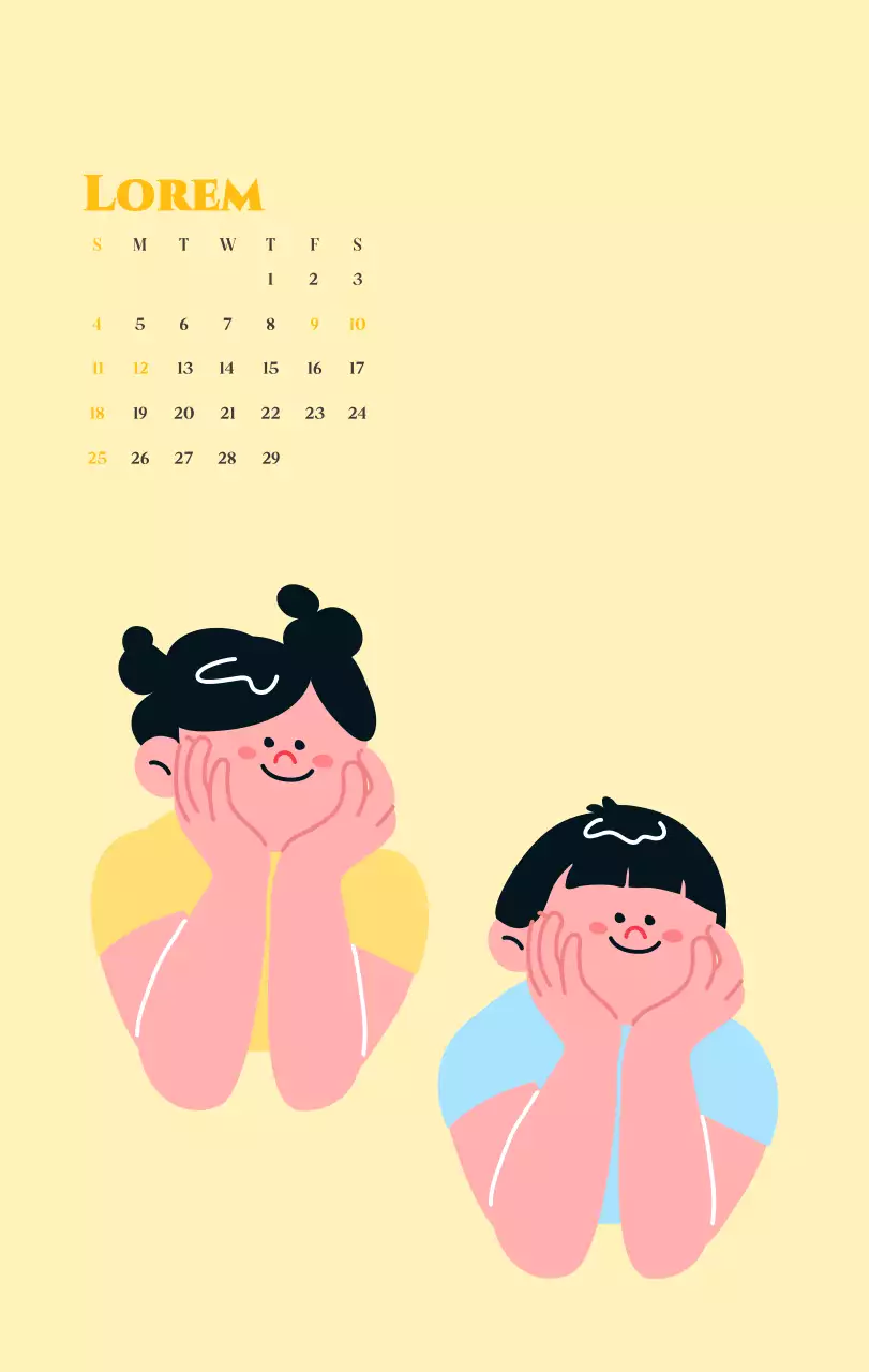 Kalender mit Jugendillustrationen auf gelbem und grünem Hintergrund