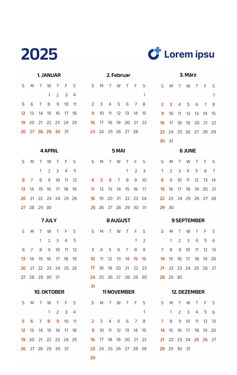 Einfacher Kalender mit klaren Illustrationen in Blau