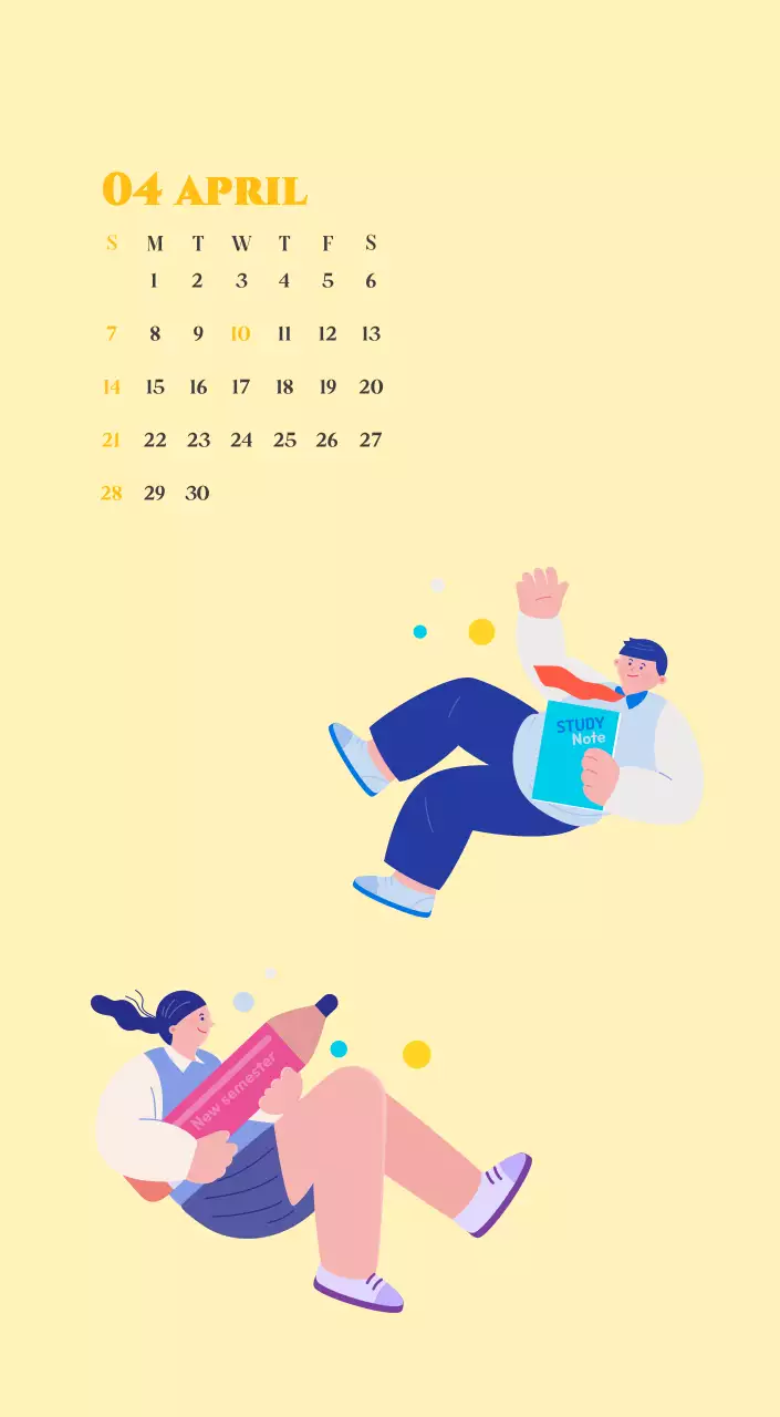 Kalender met jeugdillustraties op een gele en groene achtergrond