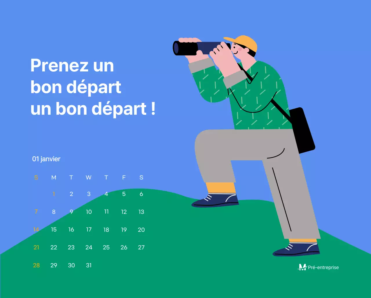 Calendrier de motivation avec des illustrations énergiques et des citations positives sur un fond bleu clair