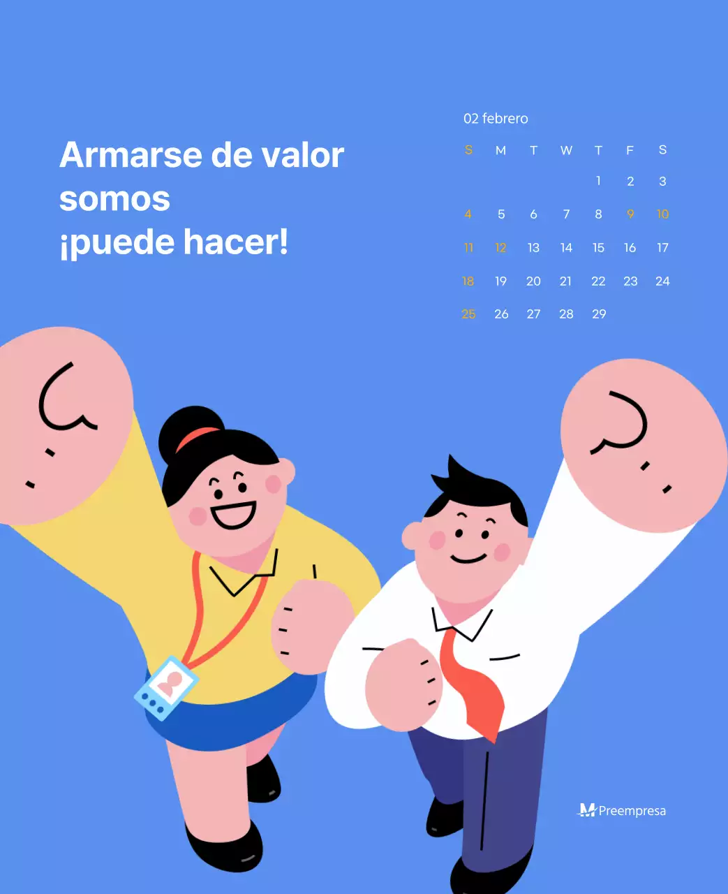 Calendario motivacional con ilustraciones llenas de energía y citas positivas sobre fondo azul claro