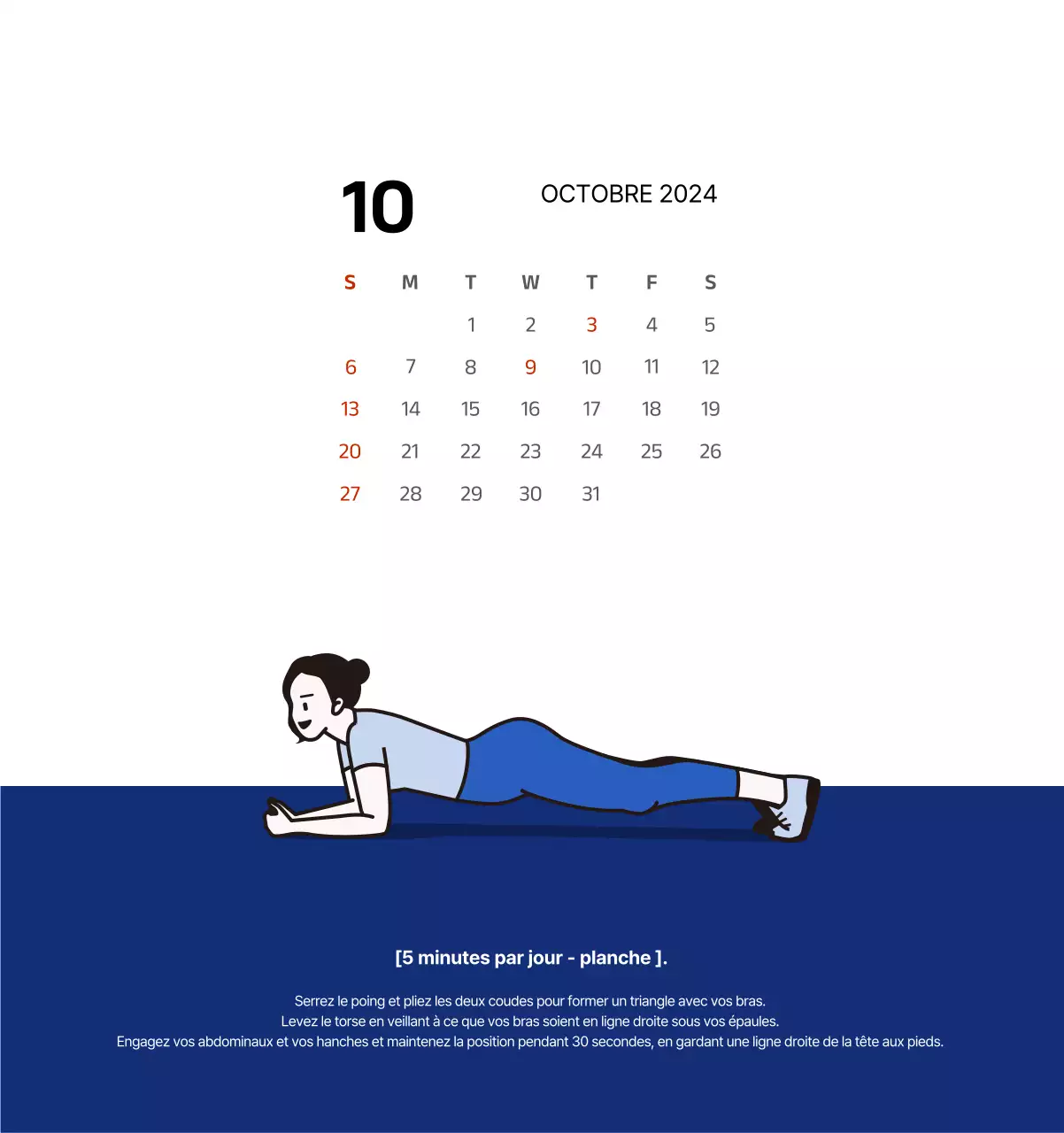 Calendrier simple avec des illustrations épurées en bleu