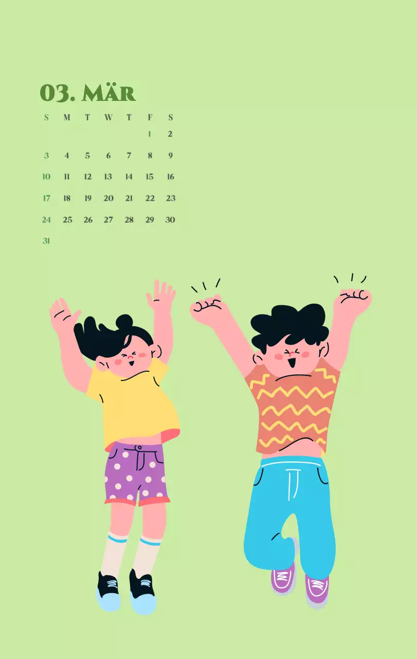 Kalender mit Jugendillustrationen auf gelbem und grünem Hintergrund