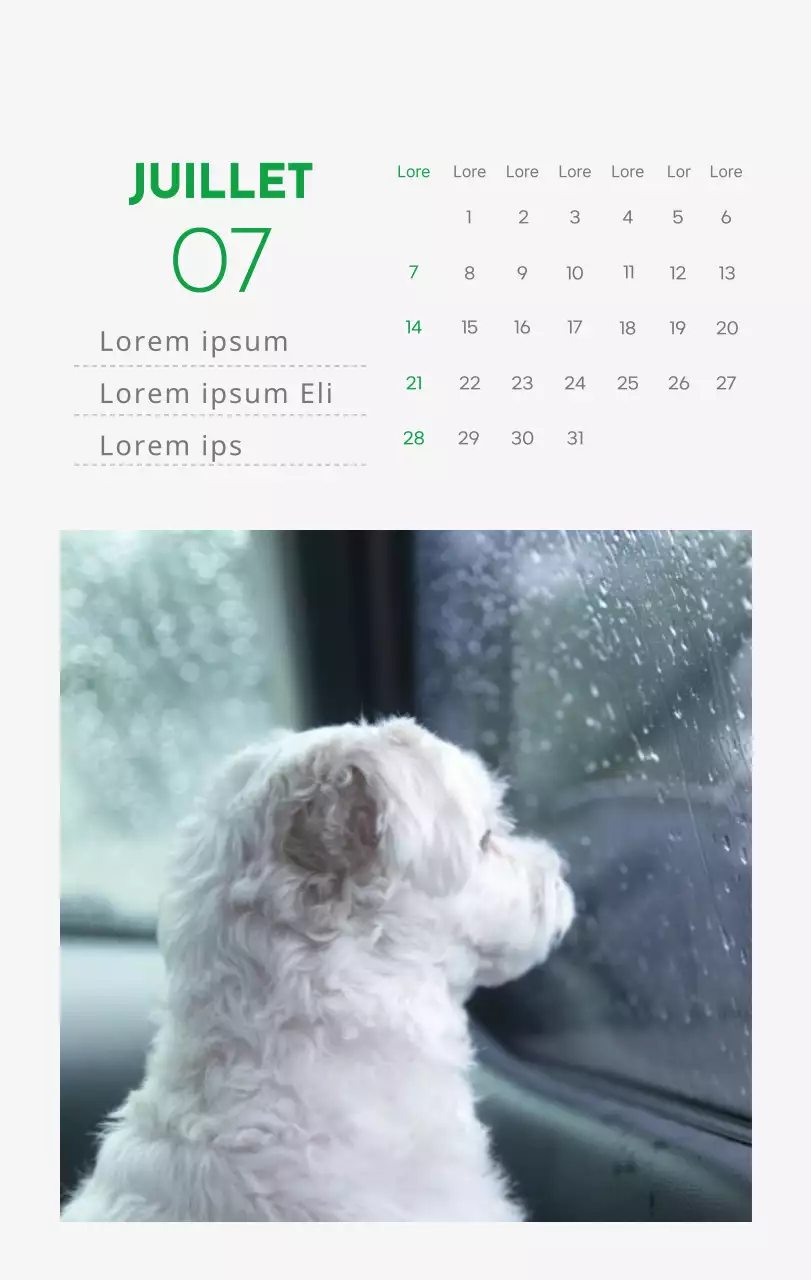 Un calendrier avec la photo d'un chiot et un message mignon aux accents verts.
