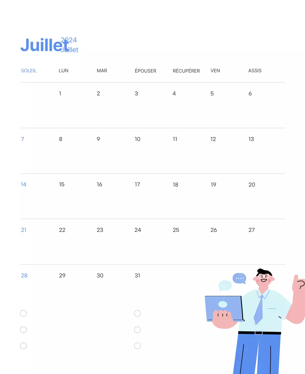 Calendrier de motivation avec des illustrations énergiques et des citations positives sur un fond bleu clair