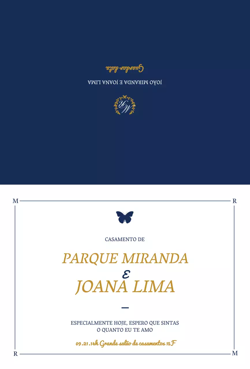 Convite de casamento de design elegante com ilustrações de borboletas em branco e azul-marinho