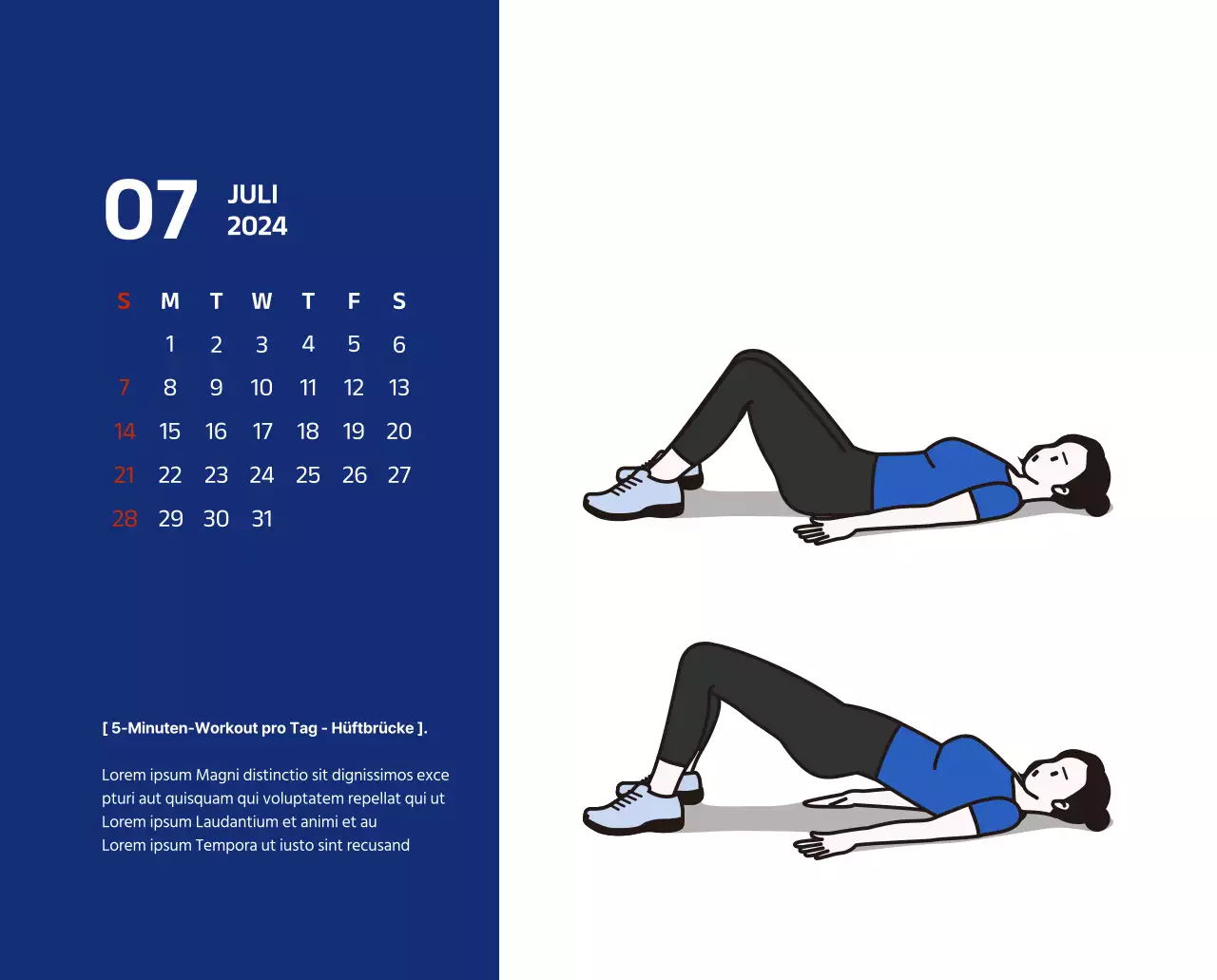 Einfacher Kalender mit klaren Illustrationen in Blau
