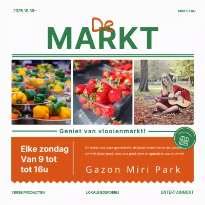 Een eenvoudige groene en rode flyer in krantenstijl om je vlooienmarkt te promoten