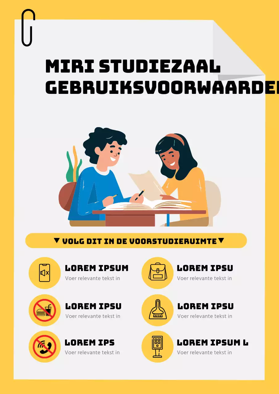 Eenvoudige, gele regels en voorschriften voor studiezalen