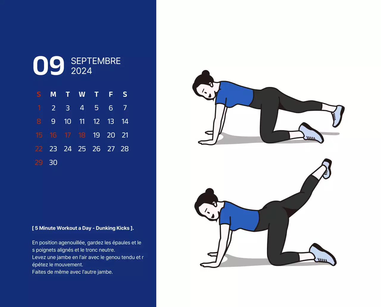 Calendrier simple avec des illustrations épurées en bleu