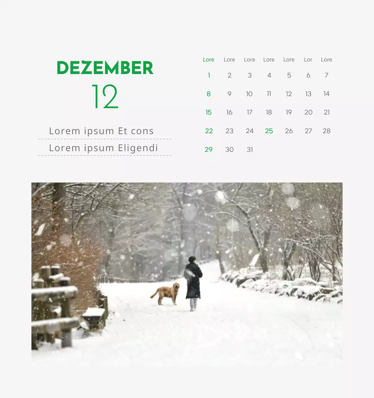 Ein Kalender mit dem Bild eines Welpen und einer niedlichen Botschaft in grünen Akzenten