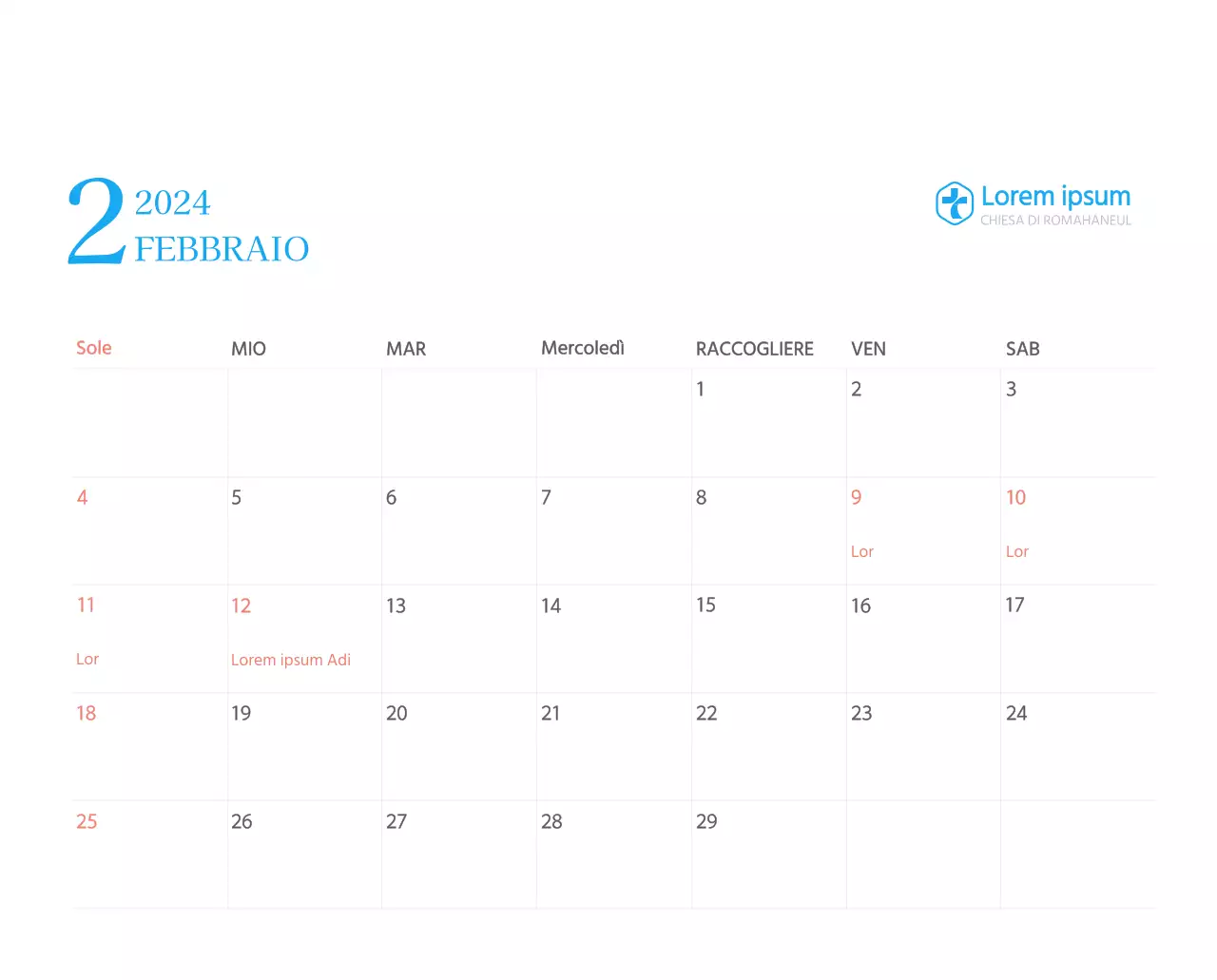 Calendario ecclesiastico blu di concezione moderna