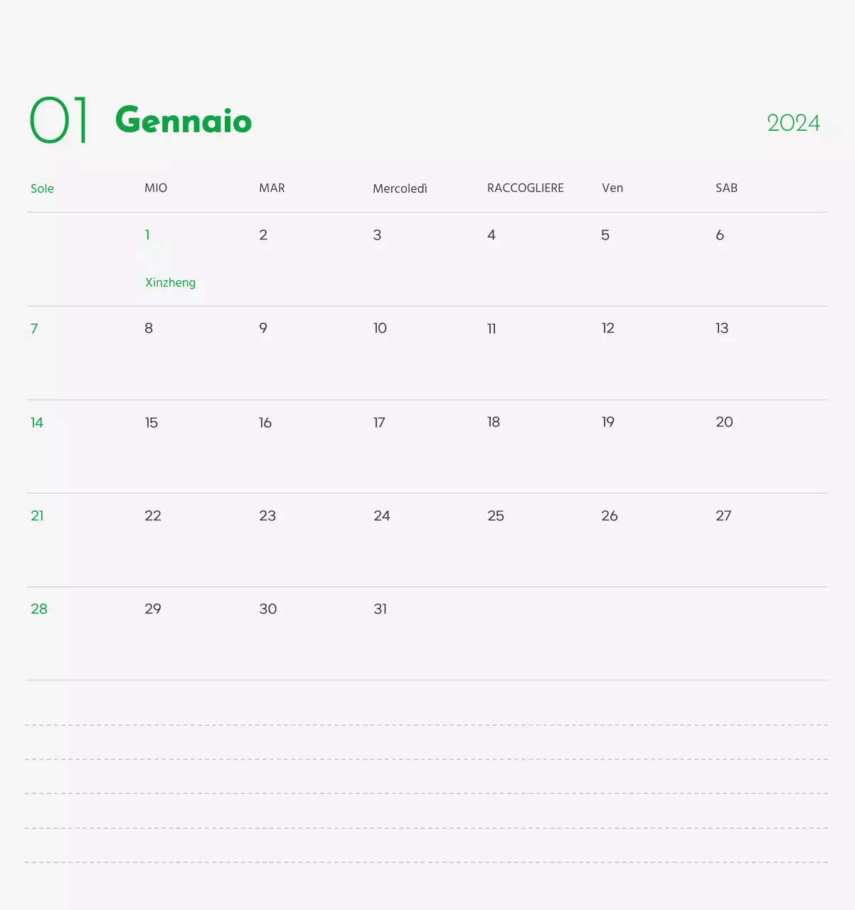 Un calendario con l'immagine di un cucciolo e un simpatico messaggio in verde.