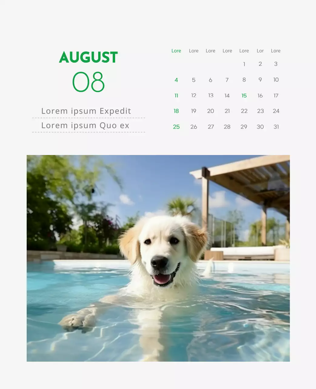 Ein Kalender mit einem Bild eines Welpen und einer niedlichen Botschaft in grünen Akzenten