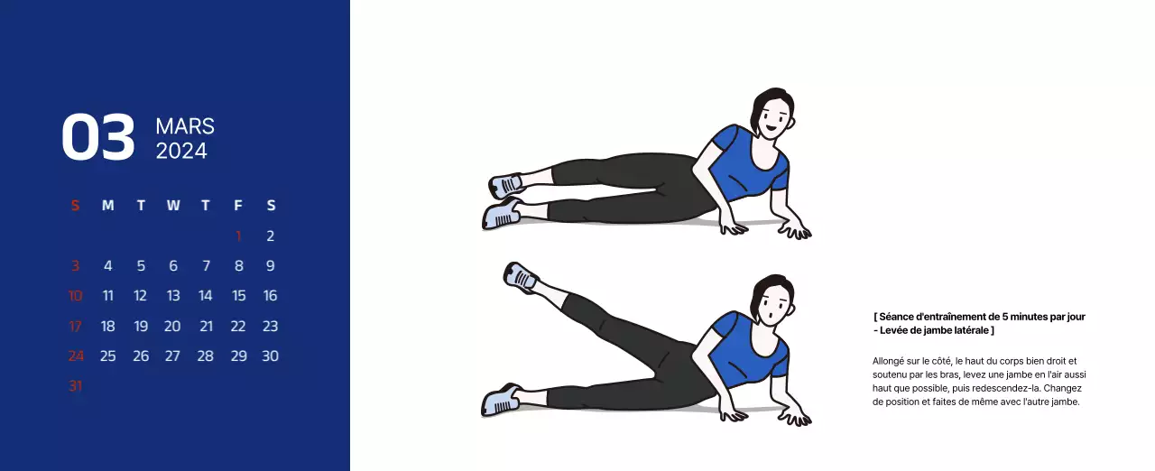 Calendrier simple avec des illustrations épurées en bleu