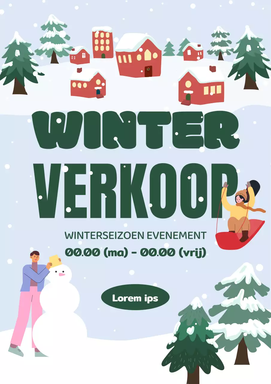 Een winterse uitverkoop met een besneeuwd dorp, sneeuwsleeën en sneeuwpoppen in een schattige winterillustratie.
