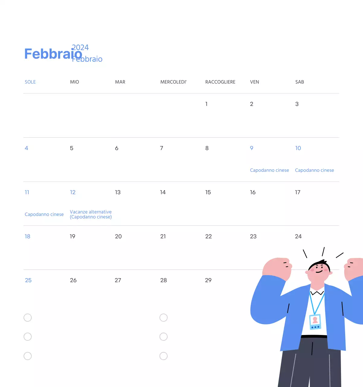 Calendario motivazionale con illustrazioni energetiche e citazioni positive su sfondo azzurro